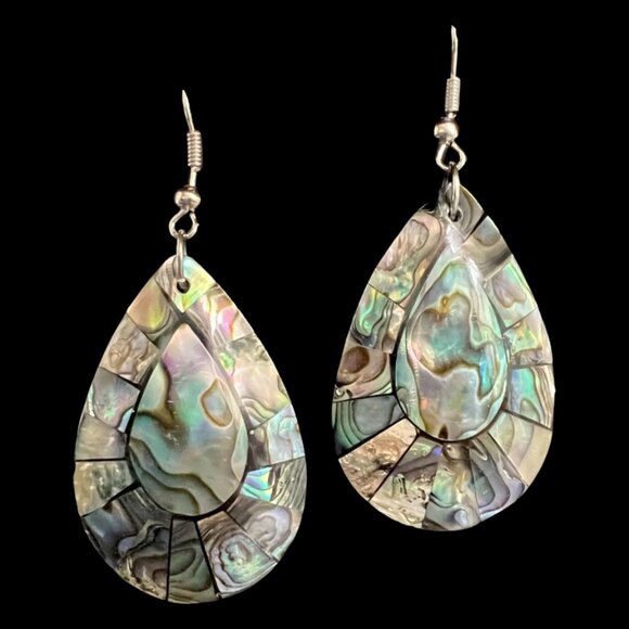 Abalone Teardrop Earrings Dangle Pierced - Picture 3 of 4
